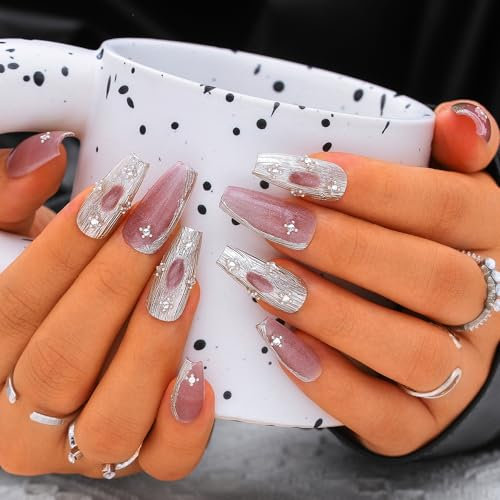 Sethexy Pink Cat Eye Handmade Press On Nails Long Coffin Glossy False Nails Acrylic Salon Fake Nails with Design for Women and Girls 10PCS (Pink3)