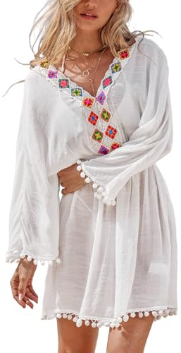 CUPSHE Women's Cover Ups Swimsuits Pom Pom Long Sleeves Ethnic Crochet V Neckline Beachwear Dress White M