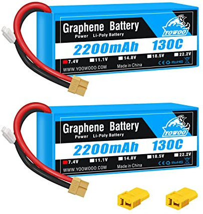 Yowoo 2 Pack 2S LiPo Akku 2200mAh 7.4V 130C mit XT60 Stecker für RC Evader BX Auto RC LKW RC Truggy RC Flugzeug UAV Drohne FPV RC Flugzeug 450 Hubschrauber RC Boot (4.13x1.41x0.70 inch, 0.32 lb)