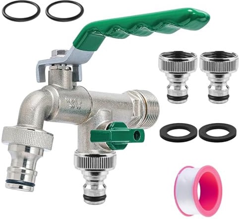 Rubinetto universale da giardino, 1/2 pollici e 3/4 pollici doppio rubinetto di scarico in lega di alluminio con 2 uscite d'acqua+2 O-ring, guarnizioni di arresto dell'acqua+2 guarnizioni a rullo,