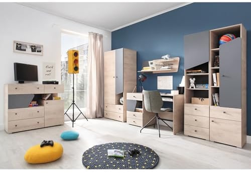 Lomadox Jugendzimmer Set, inkl. Kleiderschrank, Standregal, Regal, Schreibtisch, Kommode, Wandboard, in Eiche mit anthrazit, 6-teilig