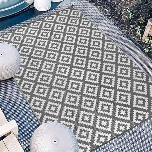 XQKXHZ Outdoor Teppich Für Terrasse Und Balkon 270X360cm Große Außenteppich Wendbar Und Leicht Zu Reinigen Terrassenteppich Tragbarer Bequemer Gewebter Campingteppich Grau Und Weiß