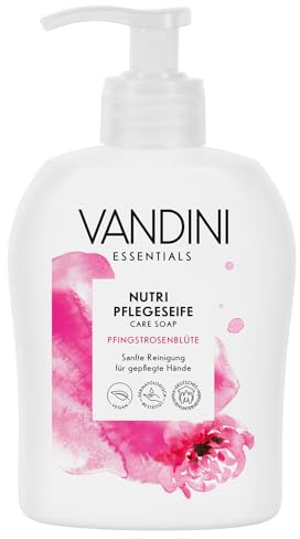 VANDINI Nutri Flüssigseife Spender mit Pfingstrosenblüte Duft 300ml - Made in Germany Spender Seife vegan - Handseife flüssig reinigt sanft - Handwaschseife für gepflegte Hände - Hand soap