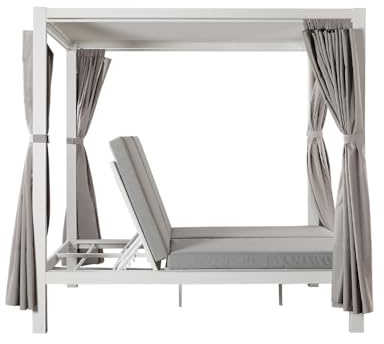 CONCEPT USINE Lit de Jardin CORDOUE Aluminium 2 Places Blanc 208 cm | Dossier inclinable et rideaux tout autour, coussins imperméables déhoussables inclus