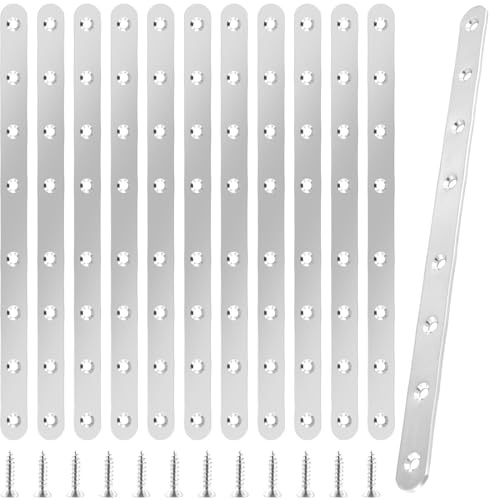 KEILEOHO 12 Unidades de Pletinas Metálicas Planas de 293 x 19 mm, Conectores Planos de Acero Inoxidable, Placas Perforadas de Conexión de Metal para Muebles de Madera, 8 Agujeros, Color Plateado
