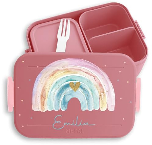 Shirtracer Mepal Lunchbox Kinder personalisiert Aquarell Regenbogen | Rosa, 900 ml, Bunt, Farbenfroh, Wolken, mit Fächern, spülmaschinenfest, Midi, Schule, Kindergarten, Einschulung