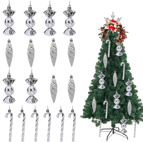 Weihnachtsbaumschmuck 18 Stück Weihnachtsbaum Anhänger,Weihnachtskugeln Zuckerstangen Weihnachten Deko Weihnachtsanhänger mit Kordel für Weihnachtsdekoration(Silber)