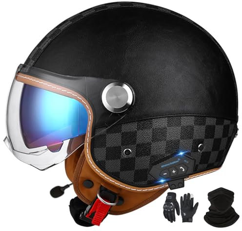 Casco Jet Bluetooth Casco Moto Certificazione ECE Casco Pelle Casco Scooter Casco Jet per Adulti Uomo Donna con Doppia Visiera Parasole B-2,M (54-57 cm)