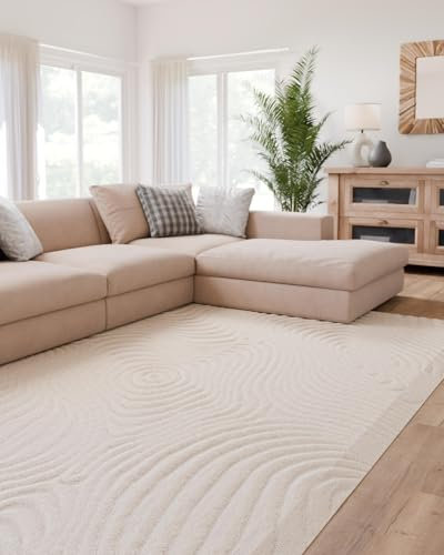 Interiyou Teppich Wohnzimmer Lecce - 200x290 cm Creme - Für Schlafzimmer, Esszimmer, Kinderzimmer - Kurzflorteppich skandinavisches Boho Muster - Hoch-Tief Effekt - Flach mit Geometrischem Muster