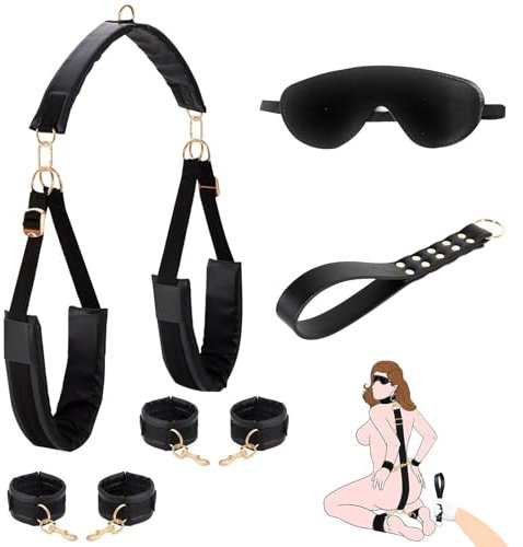 5-IN-1 BDSM Sex Bondageset Fessel Set,Vielseitig PU-Leder Fesseln Sex Set mit Handschellen Sex Bett & Verstellbar Oberschenkel Fußfesseln,Peitsche Flogger Augenmaske,Sex Spielzeug für die Paare