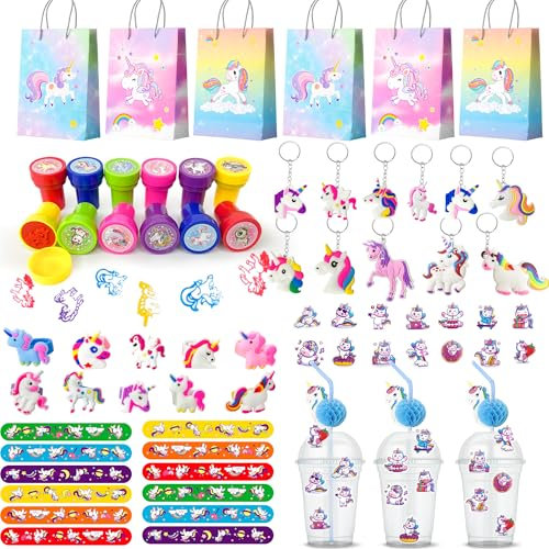 Anniversaire Licorne Cadeau, 134pcs Cadeaux de Fête d'Anniversaire Licorne set - Sac Licorne Anniversaire Licorne de Bague Autocollant Slap Bracelet etc Cadeaux d'Anniversaire Licorne pour Filles