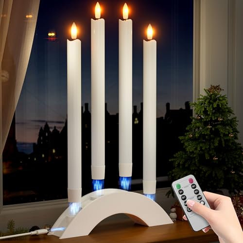BUTHY Rechargeable Flameless Taper Candles with Charging Station & Remote Timer 4Pcs Led Candlesticks Battery Operated Flickering Realistic Christmas Candles for Window Wedding Home Decor White