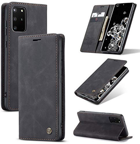 owlhold Hülle Samsung S20 Plus klapphülle Premium Lederhülle Weiches Vintage-Nubukleder Faltbare Ständer Schutzhülle Kartenfach Standfunktion klapphülle Samsung Galaxy S20 Plus 5G -Schwarz