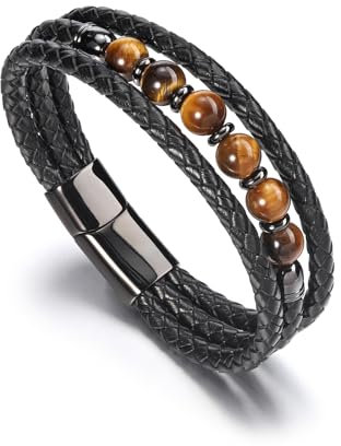 Zysta Lederarmband Herren Echte Steine Tigerauge Armband MIT Magnetverschluss Geschenk für Männer