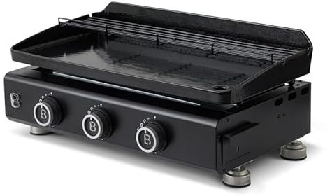 BRASERO - Plancha Silvia Evo 3 Feux Plaque Acier de 67 x 34 cm - 3 brûleurs - Grille de réchauffement - Piezo intégré - Tiroir Graisse avec jauge de Niveau - Jusqu'à 10 convives - 7,95 KW