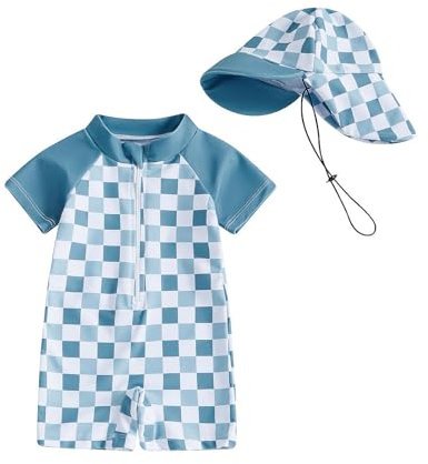 Maillot de Bain Bebe Garcon Fille Combinaison Tnti UV Bebe avec Chapeau Maillot de Bain Anti UV Bebe Garcon Maillot Anti UV Enfant, Carreaux Bleus 6-12 Mois
