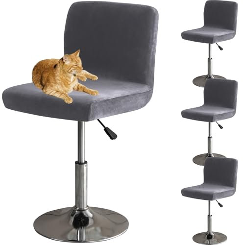 HOMECOVER Barhocker Bezüge Mit Rückenlehne, Stretch Samt Stoff Barhocker Stuhlbezüge Abnehmbar Niedriger Rücken Schwenkbare Stuhlbezug-grau-4er Set