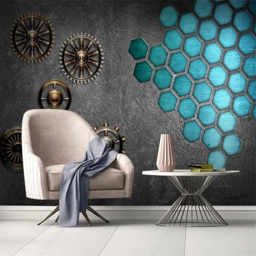 XLMING Gear Blue Hexagon 3D Wallpaper Decorative Study Dining Living Room Bedroom Wall Sofa TV Wall-430cm×300cm