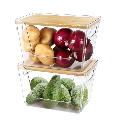 2 Set Stackable Storage Bins with Bamboo Top,Pantry Organizers and Storage,Trash Bag Holder Dispenser,Fridge Organizer for Fruit,Onion,Potato,Produce,Vegetables