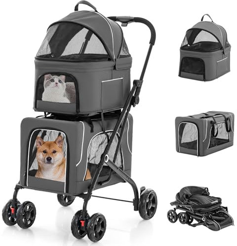 GOPLUS 3 en 1 Poussette Pliable à 2 Niveaux pour Chien Chat, 2 Sacs Détachables, Fenêtre en Maille, Roues avec Freins, Coussins Amovibles, Chariot de Voyage pour Chiens, Chats (Gris)