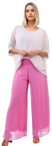 Alam Exclusive Pantaloni a palazzo da donna a gamba larga con spacchi laterali, vita alta, tinta unita, in seta, per vacanze estive, Fucsia, 40-48