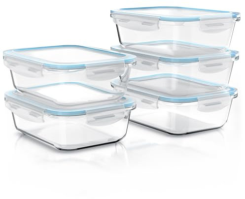 Arendo - Glas Frischhaltedosen Vorratsdosen für Lebensmittel mit Deckel luftdicht - 5er Set - 1050 ml - für Mikrowelle Ofen Gefrierschrank - Spülmaschinen geeignet - Lunchboxen Meal Prep Boxen Set