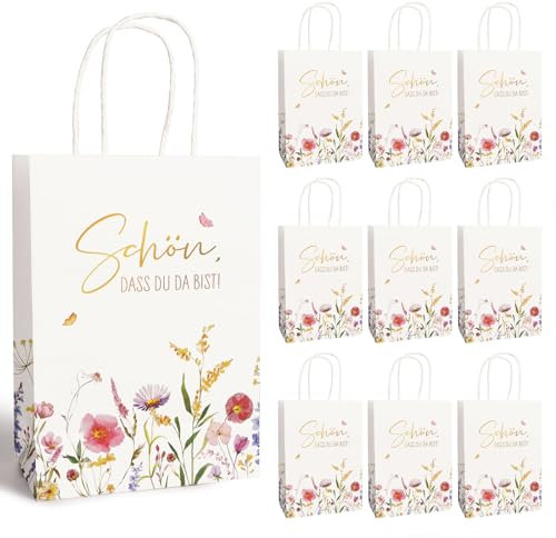 BETESSIN Gastgeschenke Hochzeit - Schön dass du da bist - 10 Stück Geschenktüten mit Blumenmotiv - 15x8x21cm Papiertüten mit Henkel - Geschenkverpackung zum Geburtstag, Hochzeit uvm.