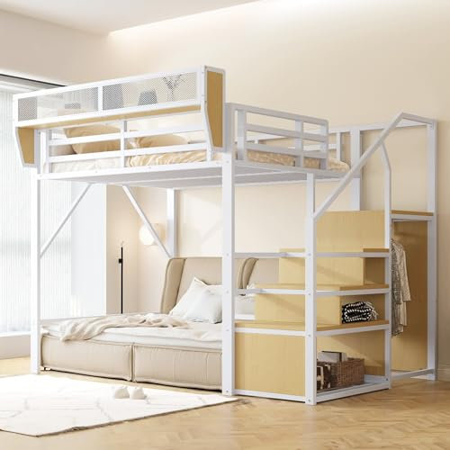 Seyakany Lit Mezzanine Enfant 140x200 cm avec échelle de sécurité,métal lit superposé 2 Place 140x200 avec Compartiment de conteneur Flexible,Cadre de lit Double pour Adolescents,sans Matelas,Blanc