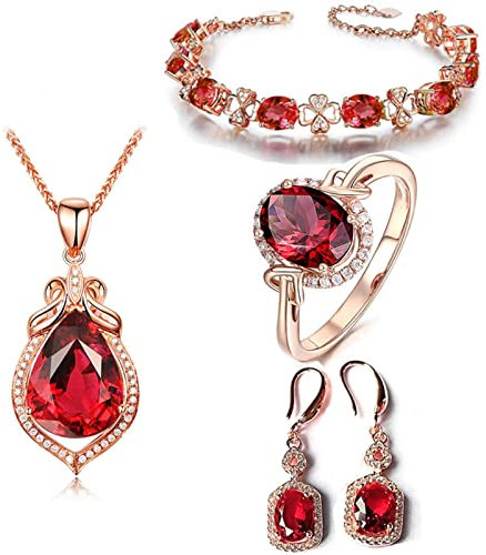Schmucksets 5 Stücke Anhänger Drop Tear Damen Halskette, Ringe Eheringe Roségoldlinge Ohrringe Frauen Armbänder für Mädchen mit Zirkonia rot Roségold, Roségold, Kubikum