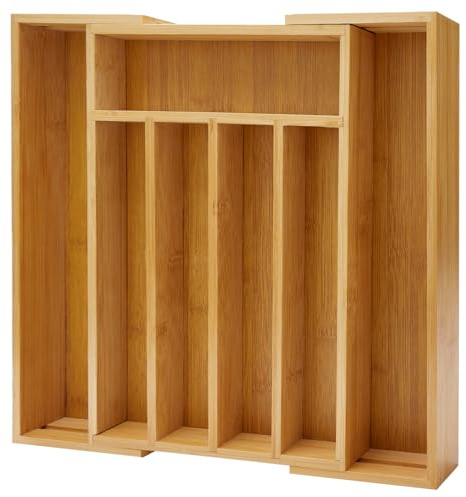 Hilislog Bamboo Silverware Drawer Organizer Expandable Large Kitchen Utensil Holder Drawer Divider Organizers Storage Adjustable Cutlery Silverware Tray Wooden Spoon Holder Flatware Organizer Trays