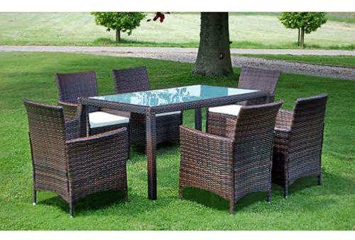 Qnhdfrt Rattan Gartengarnitur Set mit 6 Stühlen und Glas Esstisch PE Geflochten Outdoor Möbelgruppe für Terrasse Garten und Balkon