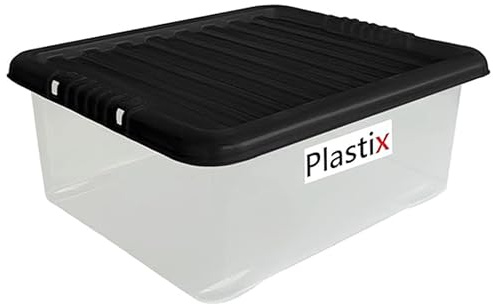 Plastix Clear Plastic Storage Box Boxes With Black Lids Home Office Stackable UK Made (2, 32L Underbed)