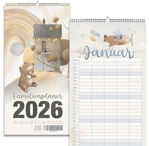 Familienplaner 2026 - Wandkalender Familienkalender mit 5 Spalten und zuckersüßen Boho-Tiermotiven - Kalender Wandplaner 26 XL -deutsch