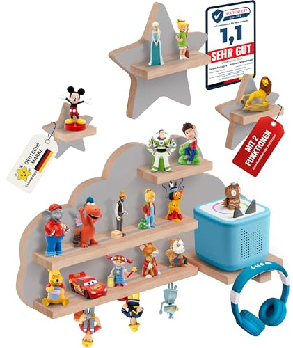 Twinklertoy’s Hörbox Wandregal aus Holz – mit magnetischer Halterung & zusätzlichen Sternen – für 30–37 Hörfiguren – Regal in Wolkenform fürs Kinderzimmer – kompatibel für Toniebox & Figuren