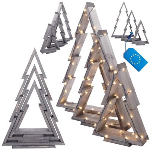 MODO24 Weihnachtsbaum Holz Set 3D, 3er-Set Holztannenbäume: 43x30 / 59,5x39 / 75,5x48 cm, Weihnachtsdeko aus FSC Kiefernholz, Deko-Christbäume für Innen & Außen, Handgefertigt, Grau imprägniert
