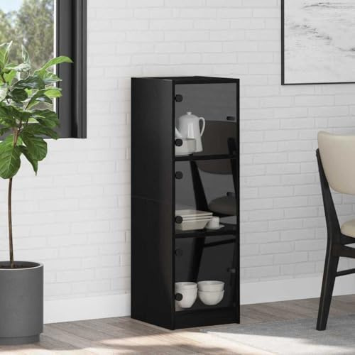 YuuSsea Highboard Schwarz Eichen-Optik, 35x37x109 cm Holzwerkstoff, mit Glastüren, rustikales Sideboard für Esszimmer, Küche, Wohnzimmer, Flur, vielseitige Aufbewahrung