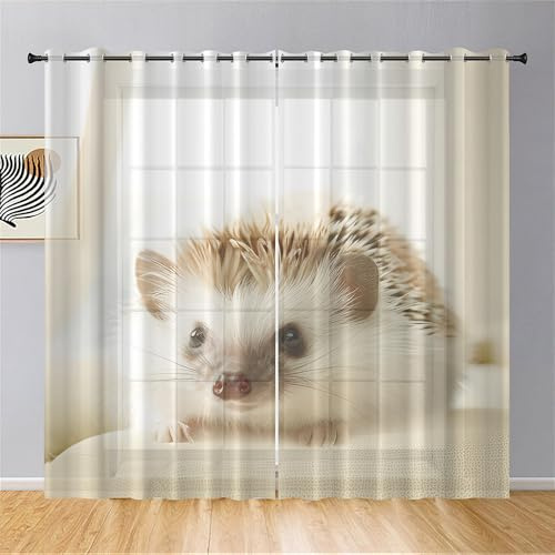 Hiseng Halbtransparent Voile Vorhänge mit Ösen Durchsichtig Moderne Igel Bedruckt 2er Set Ösenvorhang für Fenster Wohnzimmer Schlafzimmer Transparent Gardine (Beige,132x213cm)