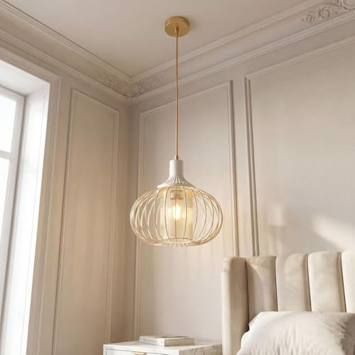 Licht-Erlebnisse Pendelleuchte Weiß Gold 30 cm breit H: max. 130 cm E27 Metall Glas Modern Hängelampe Küche Hängeleuchte Esstisch