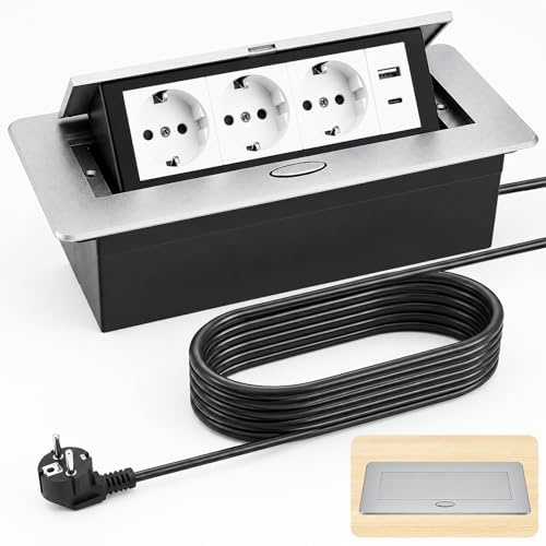 VeftBltrem Versenkbare Steckdose Silber, Tischplatte Einbausteckdose mit USB, Aluminum Tischsteckdose 3 Fach Einbau Steckdosenleiste, Steckdosen für Küche, Schreibtisch & Büro,1,8M Kable