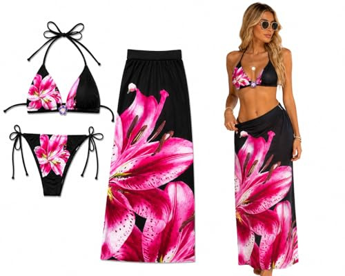 Costume da Bagno Donna Bikini a Triangolo con Lacci e Slip (Coppe Estraibili)– Fantasie Floreali e Animalier – Set Due o Tre Pezzi Mare Piscina (IT, Testo, S, Regular, Regular, Esotico Fiore Rosa)