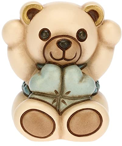 THUN, Bomboniera Nascita e Battesimo per Lui con Iconico Teddy con Quadrifoglio in Ceramica Decorata a Mano, Linea Bomboniere, 4.8x4.8x5.5 cm h