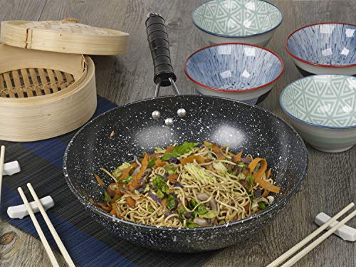 Black Marble or Copper Style Carbon Steel Induction Wok Stir Fry Pan (Black Marble)