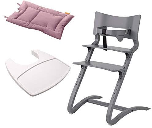 Leander Stuhl grau lackiert - Hochstuhl - Kinderstuhl - Erwachsenenstuhl mit Babybügel + Tablett weiß + Kissen dusty rose