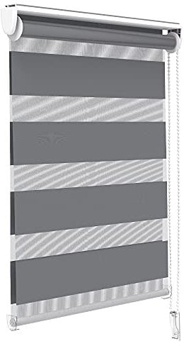 VOUNOT® Tenda a Rullo Doppia Strato Oscurante Giorno e Notte, Catenella Laterale, Bande Trasparenti e Opache, Tenda Interno Zebra Blinds Grigio, 50 x 150 cm