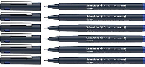Schneider Pictus Fineliner (Strichstärke 0,4 mm, dokumentenechte Pigmentliner, metallgefasste Spitze, Gehäuse aus 85% recyceltem Kunststoff) 6er Pack, blau