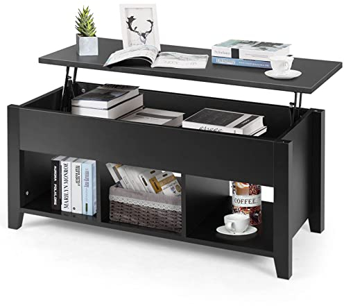 GIANTEX Couchtisch mit höhenverstellbarer Platte Kaffeetisch Sofatisch mit Aufbewahrungskorb ausziehbarer Wohnzimmertisch Beistelltisch mit Federheber Teetisch 104,5 x 49,5 x 48,5/61 cm (Schwarz)