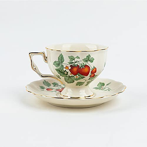Crysdaralovebi Juego de taza de café con tetera retro francesa, platillo de copa de borde dorado, flor de fresa, taza de té grande, té inglés por la tarde, restaurante, bar, cafetería (Strawberry