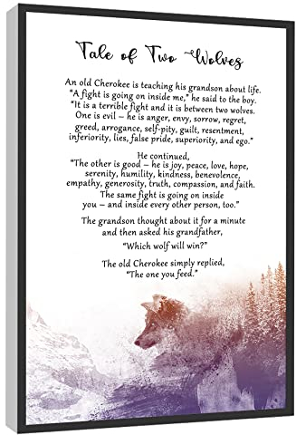 Tale Of Two Wolves Wandkunst, Indianer, Kunstdruck, spirituelle Weisheit, Poster, Leinwand, Wandkunst für Zuhause, Büro, gerahmt, fertig zum Aufhängen, 20,3 x 30,5 cm