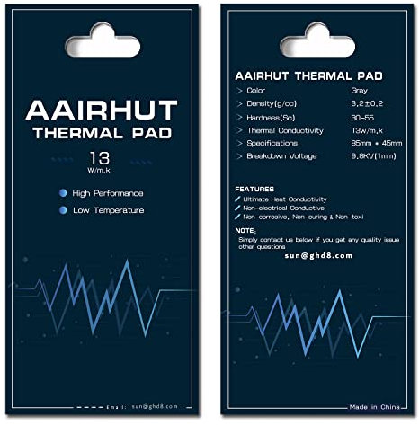 Aairhut Thermal Pad Wärmeleitpad 13W/mK, 85x45x0,5mm Silikon-Kühlpad, GPU, Nicht leitend, hitzebeständig, Extreme Odyssey-Abdeckung mit Zwei selbstklebenden Folien für PC-Laptop-Kühlkörper/GPU/CPU