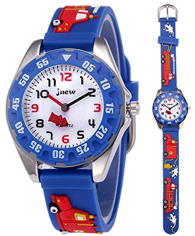Mamiddle Mädchen und Jungen Analog Quarz Uhr mit Cartoon Design 30M wasserdichte Silikon/Nylon Armband Japanischen Quarzwerk Lern Armbanduhr für Kinder 3-10 Jahre (Silikon - Feuerwehrauto Blau Groß)